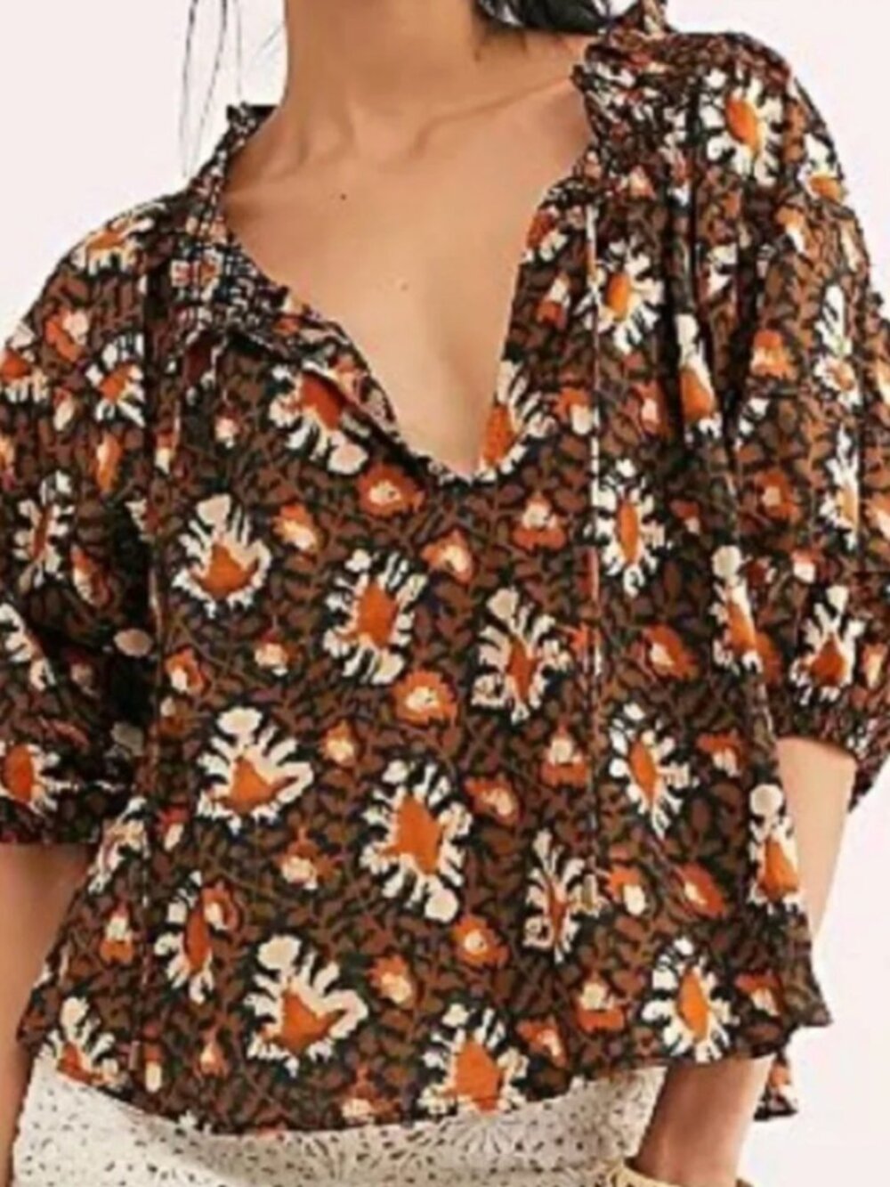 Free People Willow Floral Blouse XS Cotton Smocked Puff Sleeve Boho